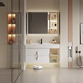 Modern Bathroom Interior Design With Floating White Vanity Backlit Mirror And Cabinets 3d model