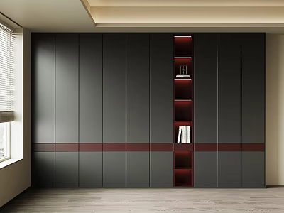 Modern Tall Bookcase With Dark Gray Panels And Red Vertical Compartment Holding Books 3d model