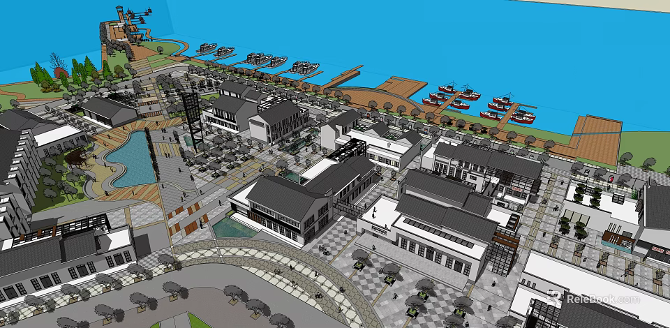 Waterfront Urban Development With Traditional Modern Buildings Plaza And Moored Boats 3d model 