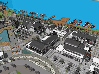 Waterfront Urban Development With Traditional Modern Buildings Plaza And Moored Boats 3d model