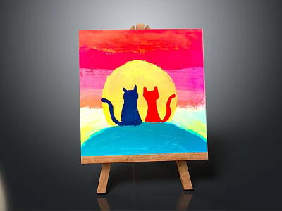Vibrant Decorative Painting With Two Cats Sunset Rainbow Colors On Wooden Easel Home Decor 3d model