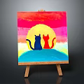 Vibrant Decorative Painting With Two Cats Sunset Rainbow Colors On Wooden Easel Home Decor