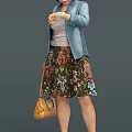 Woman In Blue Denim Jacket Pink Top Floral Skirt With Brown Handbag In Various Poses