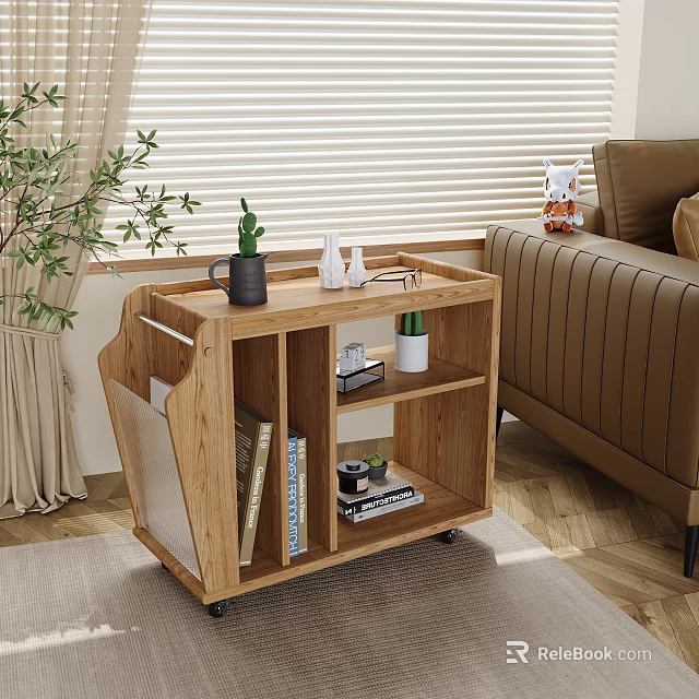 Wooden Side Table with Storage Shelves Green Plant Books and Mug in Living Room 3d model 