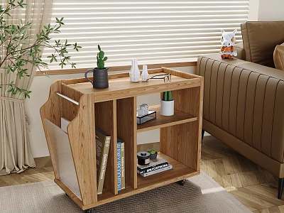 Wooden Side Table with Storage Shelves Green Plant Books and Mug in Living Room 3d model