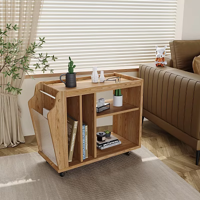 Wooden Side Table with Storage Shelves Green Plant Books and Mug in Living Room 3d model
