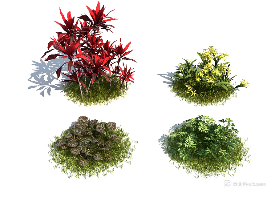 Variety of Garden Plants with Red Leaves Yellow Flowers Stones and Green Foliage 3d model 