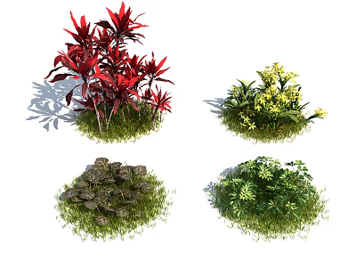 Variety of Garden Plants with Red Leaves Yellow Flowers Stones and Green Foliage 3d model