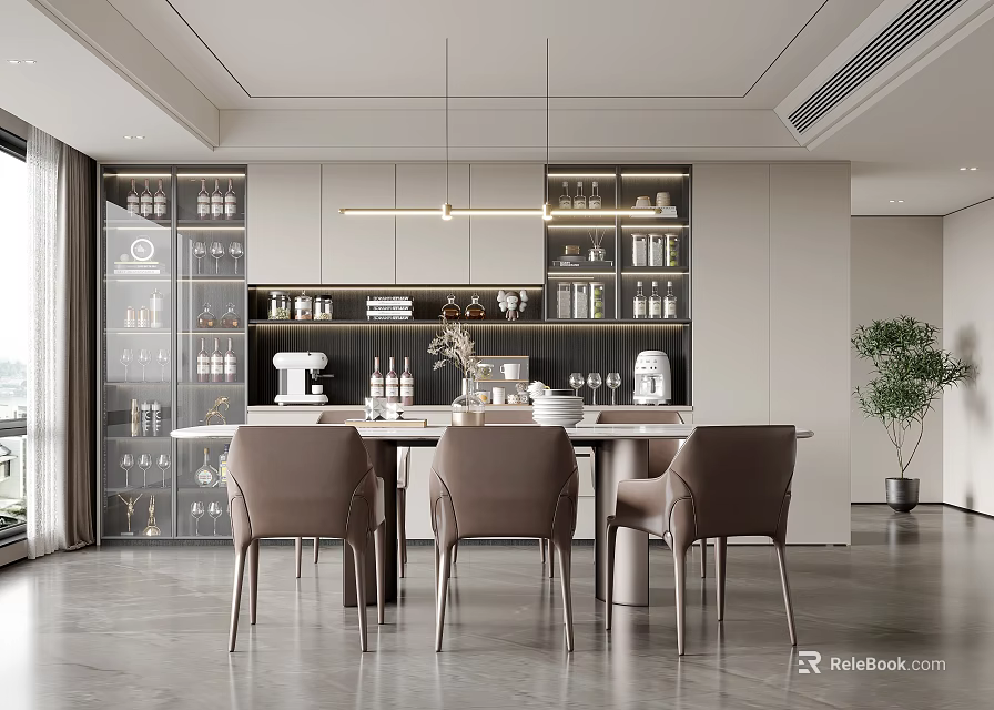 Modern Open Concept Restaurant Interior With Dining Table Chairs And Hanging Pendant Lights 3d model 