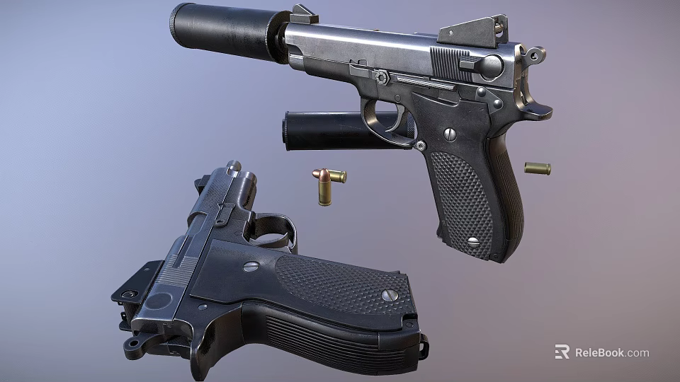 Clear View of Disassembled and Complete Pistol With Bullets and Parts 3d model 