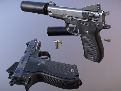 Clear View of Disassembled and Complete Pistol With Bullets and Parts 3d model