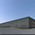 Modern Industrial Factory Building with White Exterior Green Trim Large Windows and Spacious Parking Area