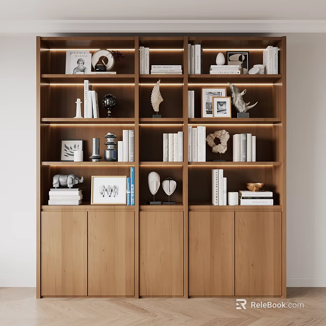 Modern Wooden Bookshelf With Multiple Shelves Books Decorations And Photo Frames 3d model 