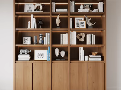 Modern Wooden Bookshelf With Multiple Shelves Books Decorations And Photo Frames 3d model
