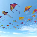 Vibrant Colorful Kites Flying High In Blue Sky With White Clouds