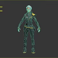 3D Character With White Hair In Black Outfit Featuring Yellow Accents Standing Against Gray Background