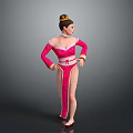 Traditional Pink Costume Female Game Movie Character With Hair Bun And Hands On Hips
