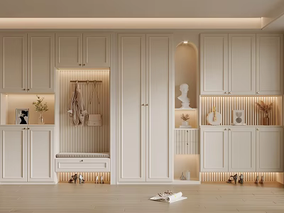 Modern White Shoe Cabinet in Home Entryway Interior with Hanging Area Bench And Decorative Lighting 3d model