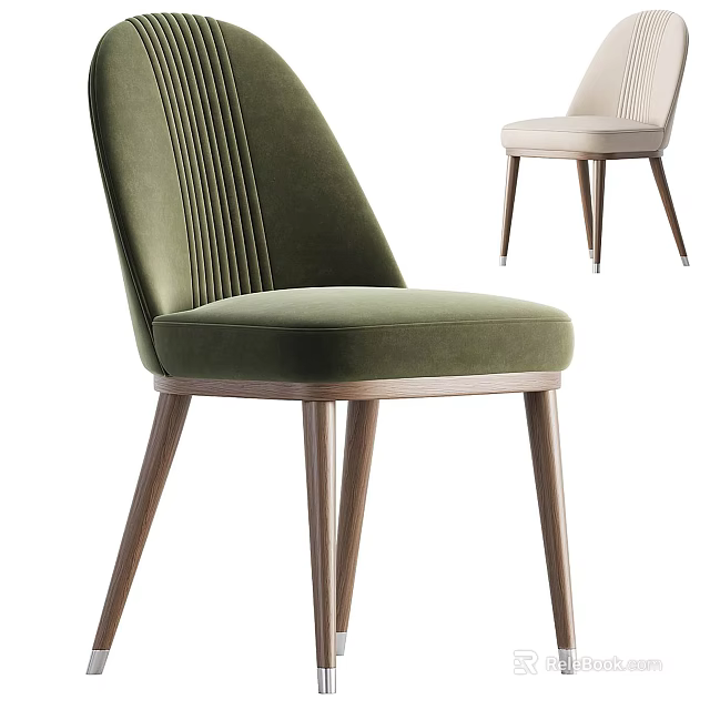 Modern Minimalist Accent Chair With Ribbed Green Beige Velvet Upholstery And Wooden Legs 3d model 