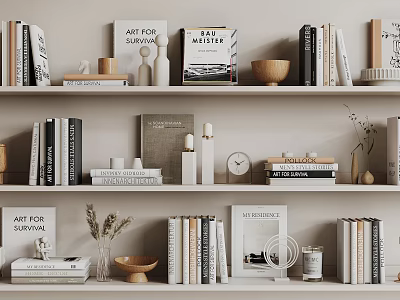 Minimalist Bookshelf Decorative Items Combination With Books Vases Clock And Photo Frames 3d model