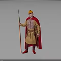 Man in Traditional Brown Tunic Red Pants Wearing Orange Hat Red Cape With Spear