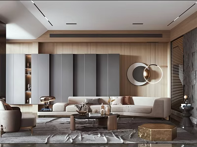 Modern Luxury Living Room Interior Design With Beige Sofa Coffee Table And Decorative Lighting 3d model