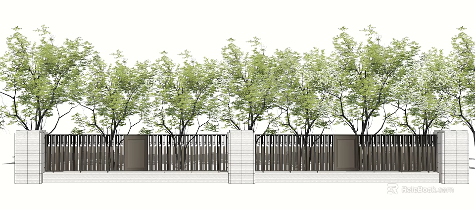 Modern Building Exterior Wall Design With Green Trees And Vertical Metal Fence 3d model 