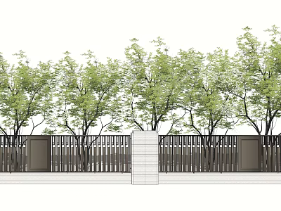 Modern Building Exterior Wall Design With Green Trees And Vertical Metal Fence 3d model