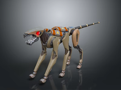 Futuristic Robot Dog With Mechanical Legs Red Glowing Eyes And Orange Accents 3d model