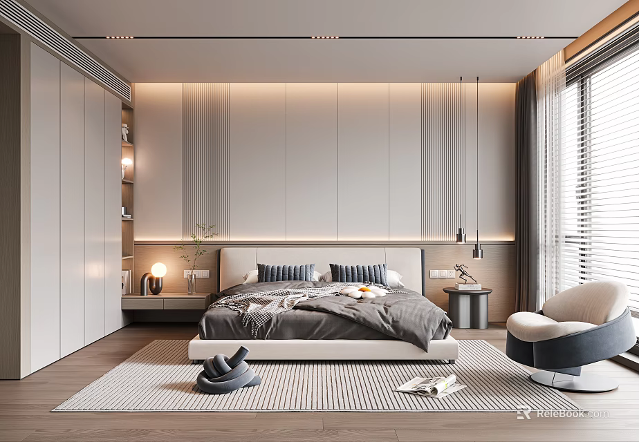 Modern Bedroom Interior Design With Large Bed Minimalist Headboard Hanging Lamps Wooden Floor And Rug 3d model 