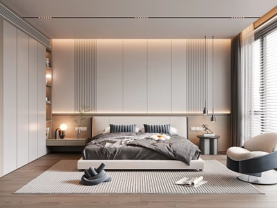 Modern Bedroom Interior Design With Large Bed Minimalist Headboard Hanging Lamps Wooden Floor And Rug 3d model