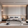Modern Bedroom Interior Design With Large Bed Minimalist Headboard Hanging Lamps Wooden Floor And Rug