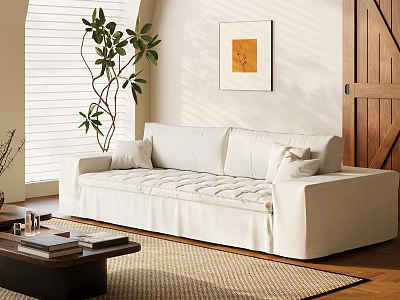 White Linen Multi Seater Sofa With Wooden Coffee Table Green Plant And Wall Art 3d model