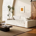 White Linen Multi Seater Sofa With Wooden Coffee Table Green Plant And Wall Art