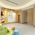 Modern School Lobby Interior With Colorful Round Sofas Green Plants And Bookshelves