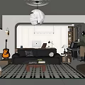 Modern Living Room Interior Featuring Black Leather Sofa Geometric Pattern Rug Pendant Light And Guitar