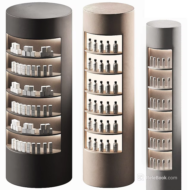 Perfumes and Cosmetics Displayed on Cylindrical Illuminated Shelves With Neatly Arranged Layers 3d model 