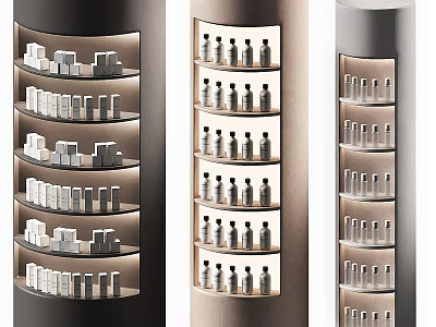 Perfumes and Cosmetics Displayed on Cylindrical Illuminated Shelves With Neatly Arranged Layers 3d model