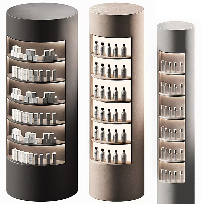 Perfumes and Cosmetics Displayed on Cylindrical Illuminated Shelves With Neatly Arranged Layers 3d model