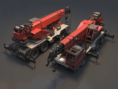 Two Red Heavy Industrial Truck Mounted Cranes With Mechanical Parts Design 3d model