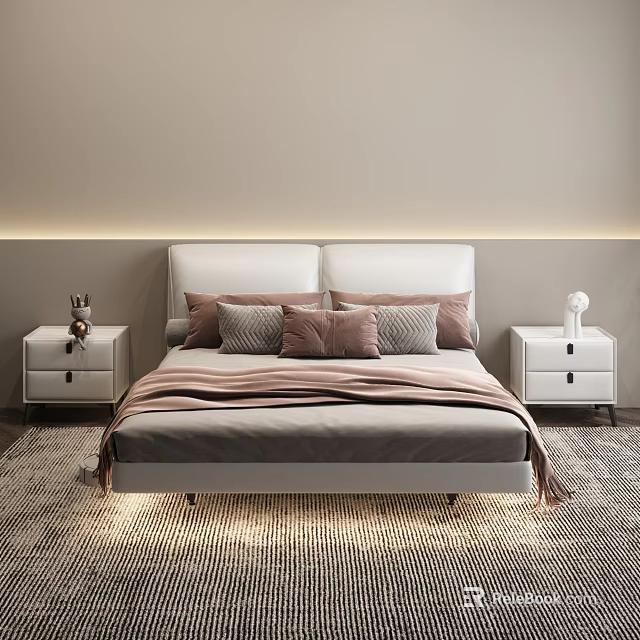 Modern Double Bed With White Headboard Pillows Nightstands And Rug On Light Gray Wall 3d model 