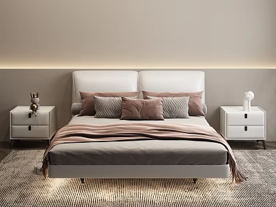 Modern Double Bed With White Headboard Pillows Nightstands And Rug On Light Gray Wall 3d model