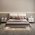 Modern Double Bed With White Headboard Pillows Nightstands And Rug On Light Gray Wall