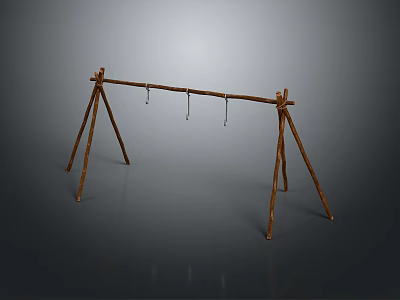 Rustic Wooden Tripod Frame Design With Horizontal Bar And Hanging Hooks 3d model