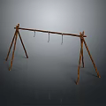 Rustic Wooden Tripod Frame Design With Horizontal Bar And Hanging Hooks 3d model