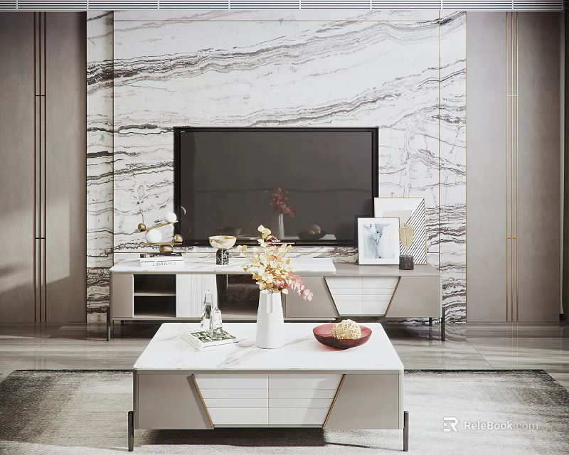 Modern TV Background Wall With Marble Texture Flat Screen TV And White Stand Decorative Items 3d model