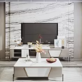 Modern TV Background Wall With Marble Texture Flat Screen TV And White Stand Decorative Items 3d model