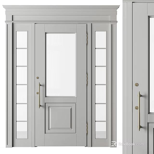Modern Grey Hinged Door With Glass Panel And Brass Handle Design 3d model
