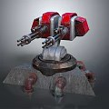 3D Model of Mechanical Device With Red Components Dual Barrels Rusty Pipes and Stone Base