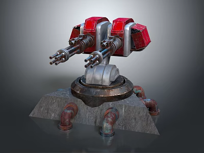 3D Model of Mechanical Device With Red Components Dual Barrels Rusty Pipes and Stone Base 3d model